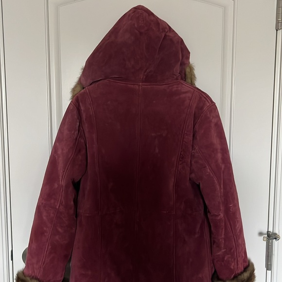 Vintage Dennis Basso Berry Burgundy Suede Coat Brown Faux Fur Medium - Picture 9 of 10
